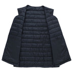 Unisex down jacket for men and women in polyester. Cheap V-neck. Promotional.