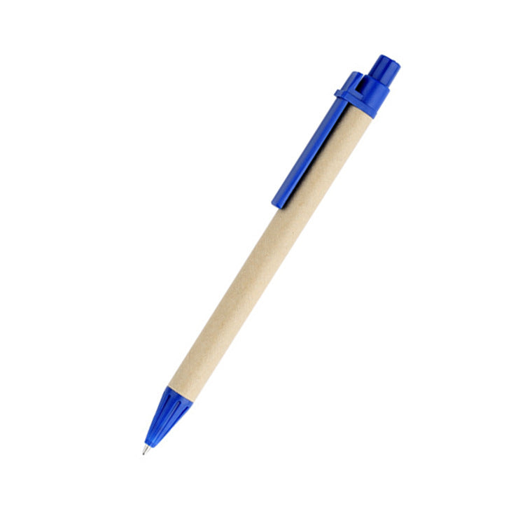 Recycled paper pen with a colored clip and tip, and a blue ink push button 