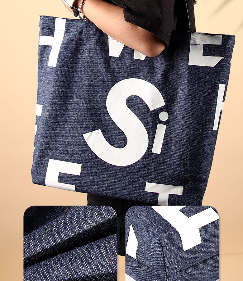 Denim bag with interior pocket and long handles, 300 g/m²