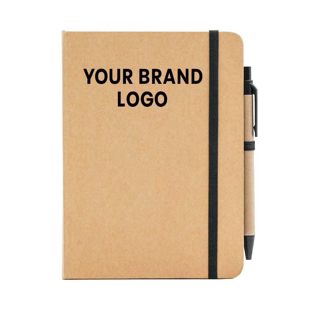 A5 notebook personalized with recycled logo, elastic closure, black lined pages, EcoNote