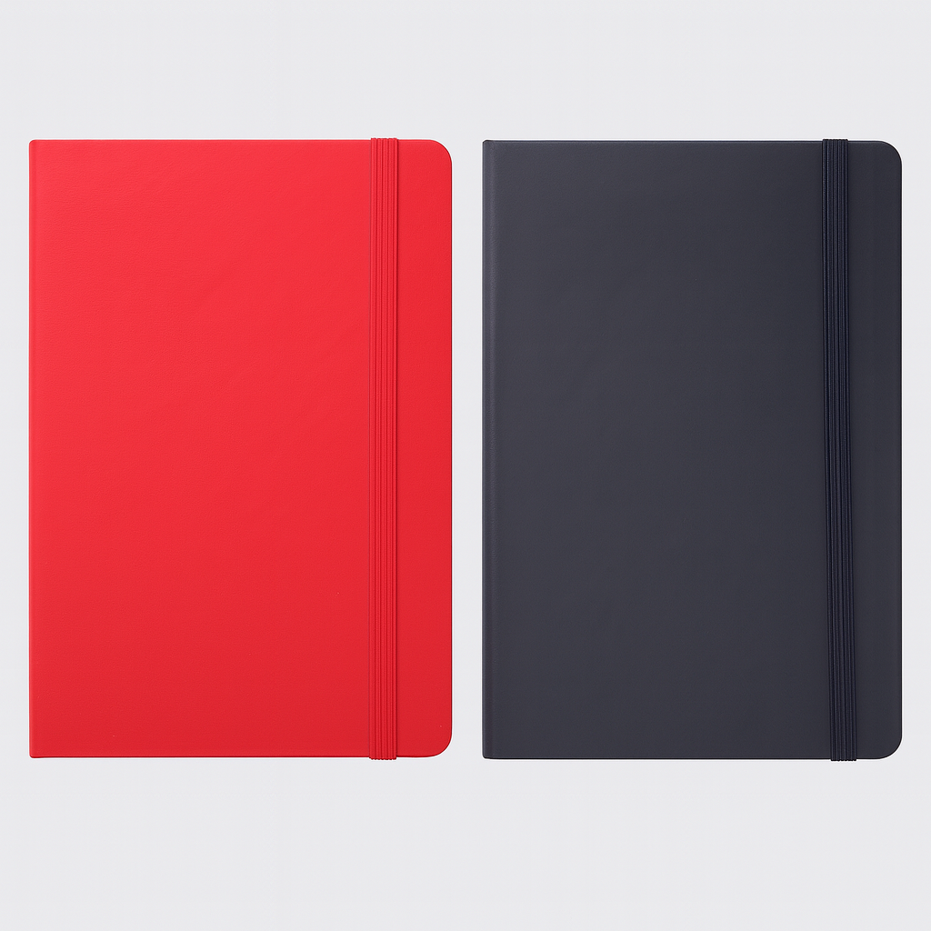 Recycled A5 notebook with fruit design (banana, pineapple) personalized with your logo and lined pages