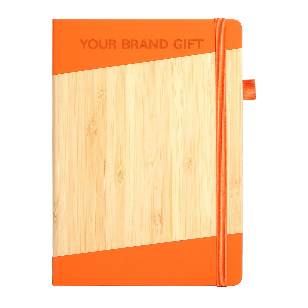 A5 sustainable notebook in bamboo and PU leather, lined pages, EcoBamboo logo customization