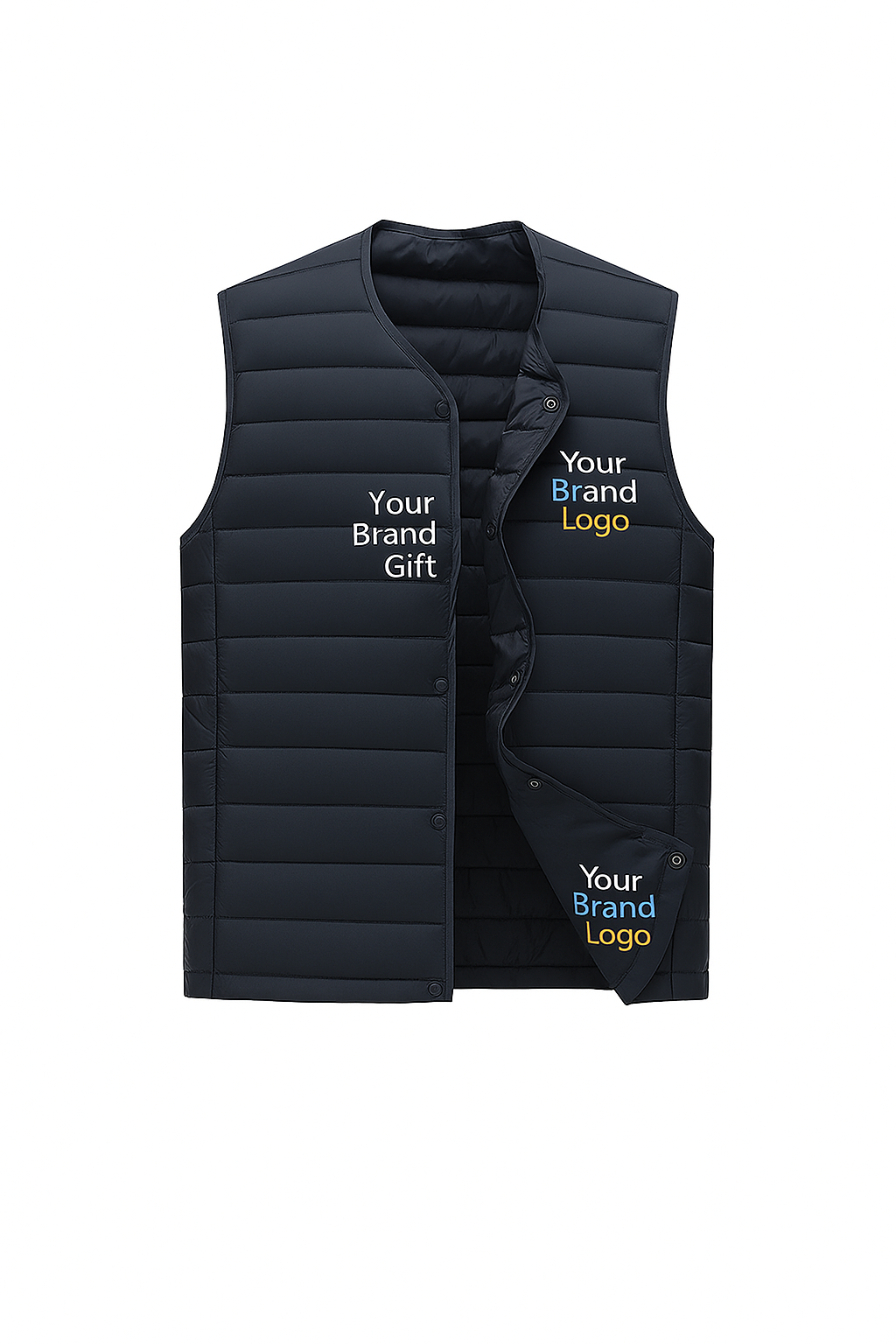 Unisex down jacket for men and women in polyester. Cheap V-neck. Promotional.