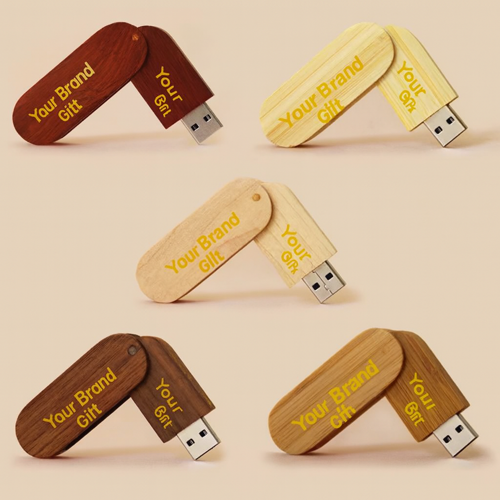 Customizable wooden USB flash drives in 5 colors with logo, rotating shape, and carrying case - corporate gifts