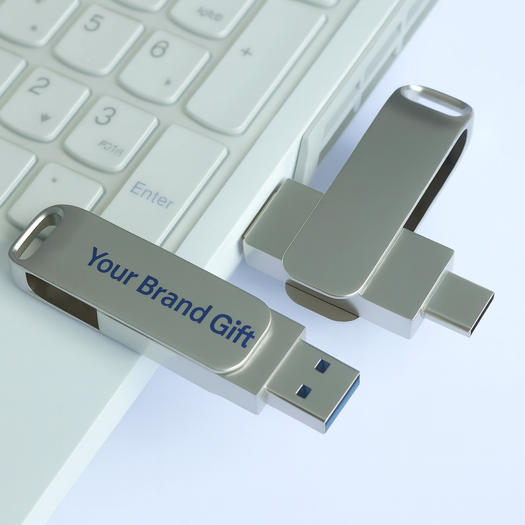 Inexpensive metal USB flash drive for computers and laptops, Type-C, available in black and silver, with logo customization.
