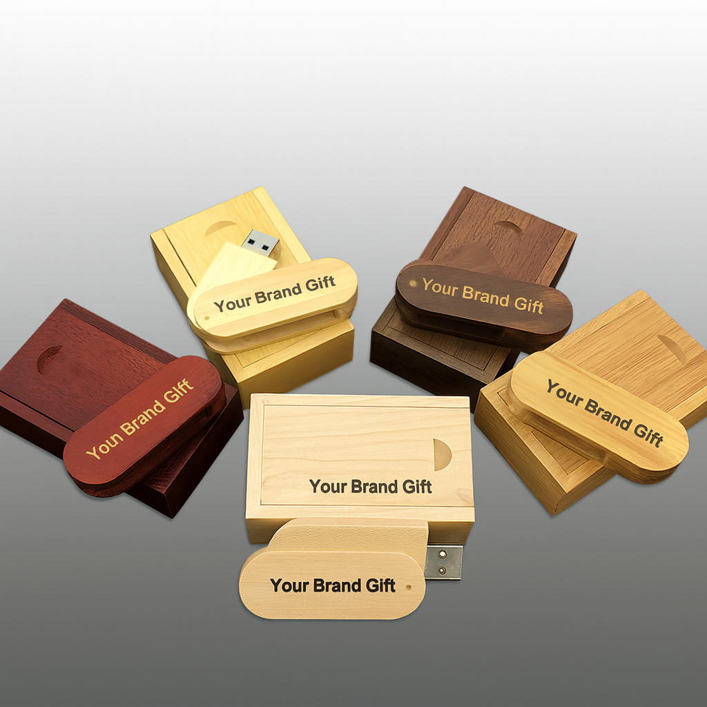 Customizable wooden USB flash drives in 5 colors with logo, rotating shape, and carrying case - corporate gifts