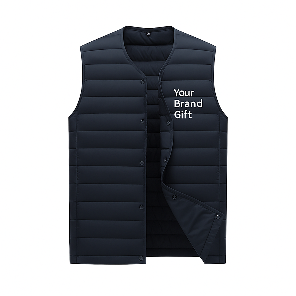 Unisex down jacket for men and women in polyester. Cheap V-neck. Promotional.