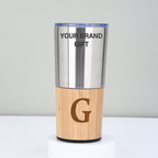 Stainless steel thermal travel mug, corporate gifts, bamboo details and transparent lid 