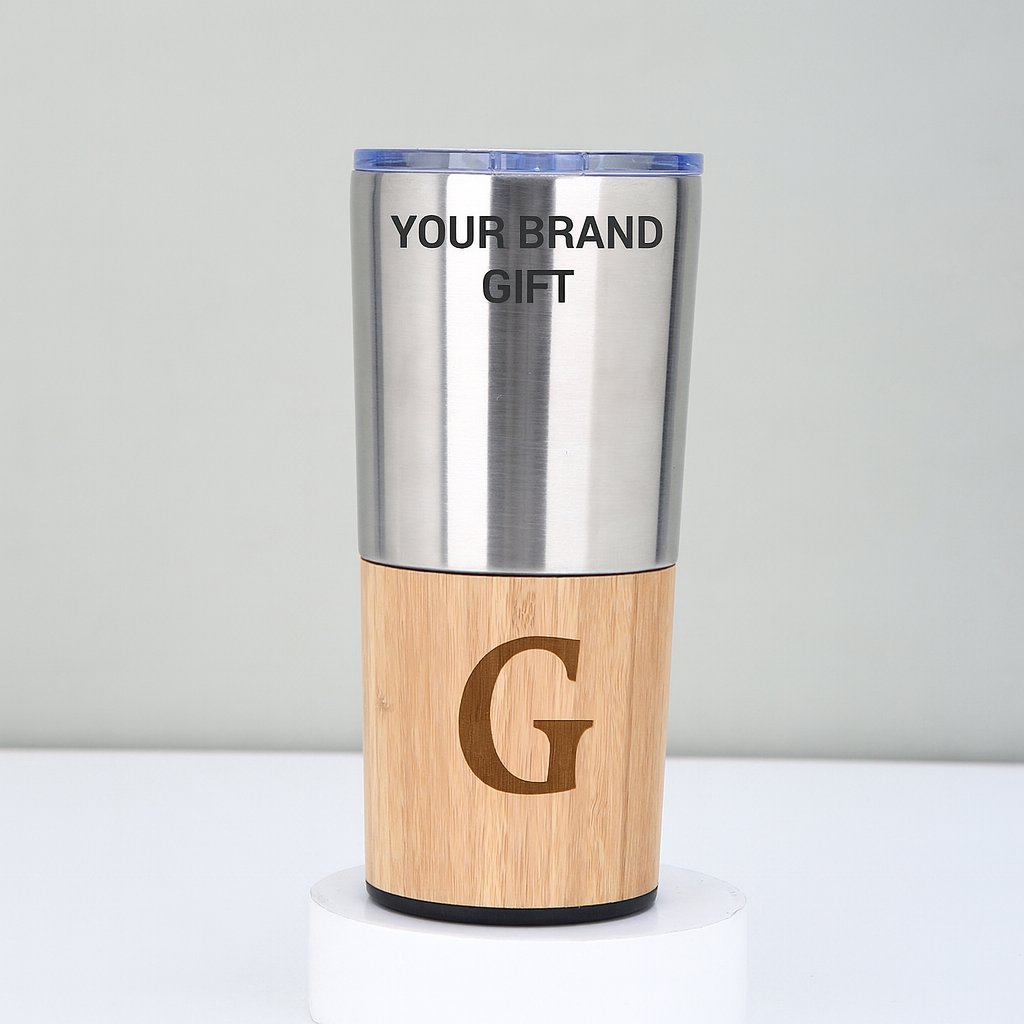 Stainless steel thermal travel mug, corporate gifts, bamboo details and transparent lid 