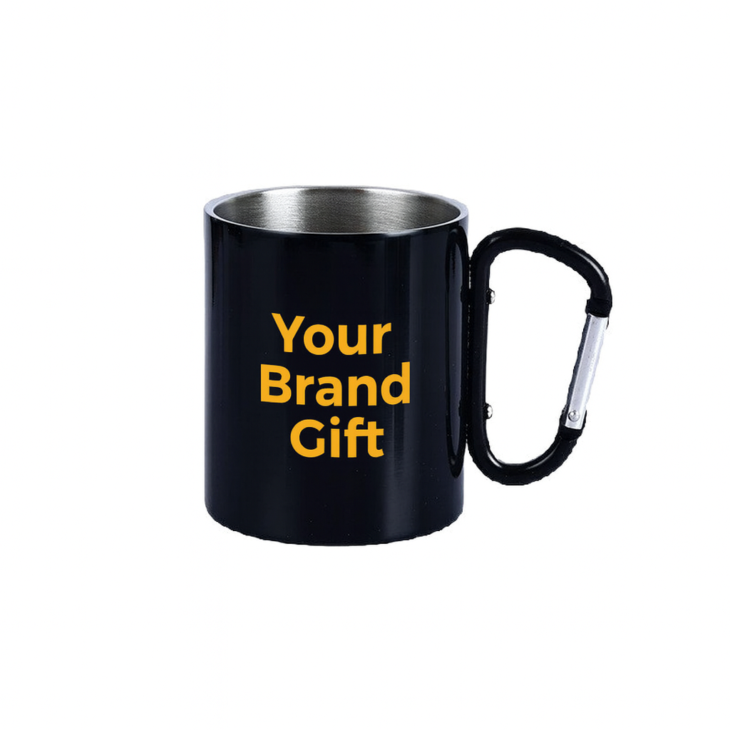 Colorful personalized metal mug with carabiner handle - ideal corporate gift for employees
