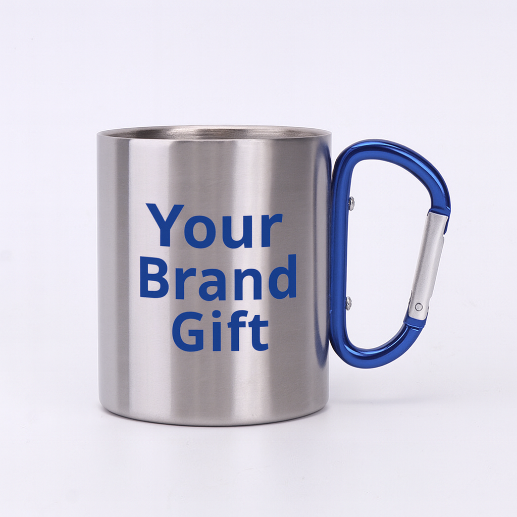 Custom metal mug with company logo and colorful stainless steel carabiner handle