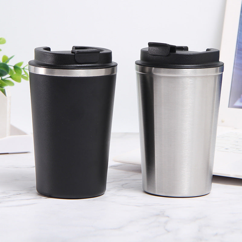Insulated stainless steel tumbler with black lid and silver rim, 350ml 