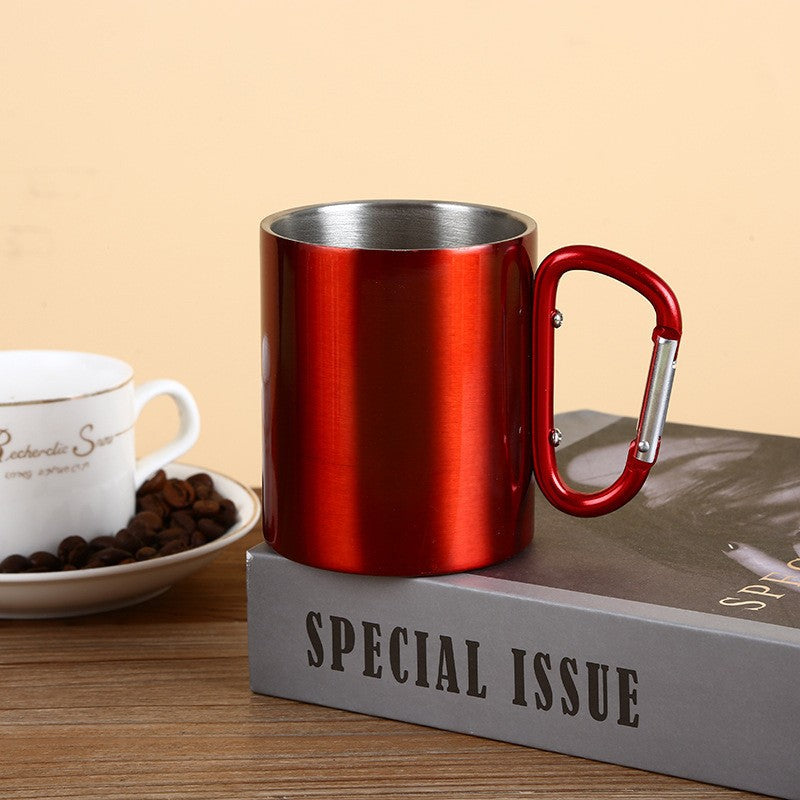 Colorful personalized metal mug with carabiner handle - ideal corporate gift for employees