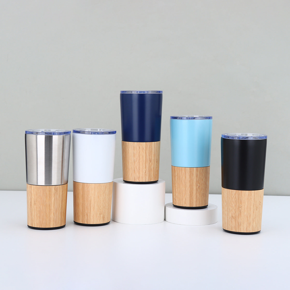 Stainless steel thermal travel mug, corporate gifts, bamboo details and transparent lid 