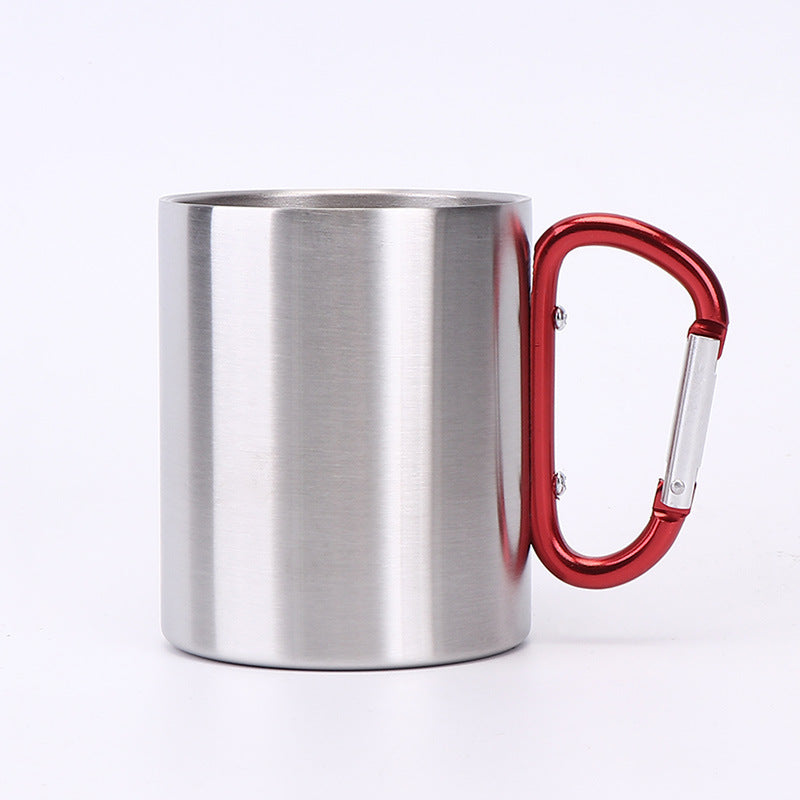 Custom metal mug with company logo and colorful stainless steel carabiner handle