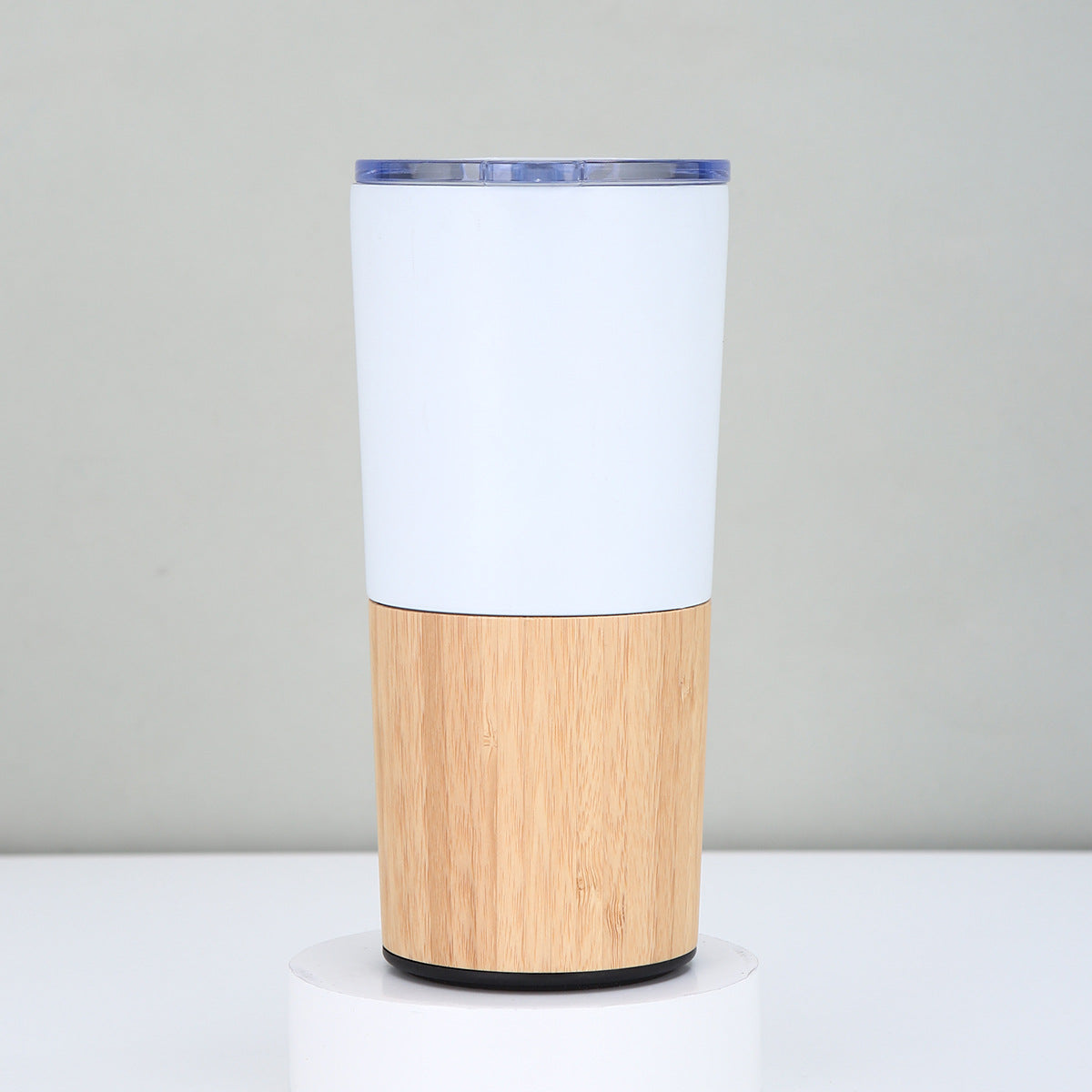 Stainless steel thermal travel mug, corporate gifts, bamboo details and transparent lid 