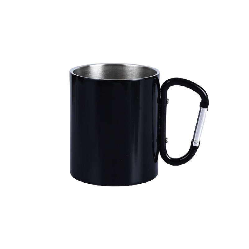 Colorful personalized metal mug with carabiner handle - ideal corporate gift for employees