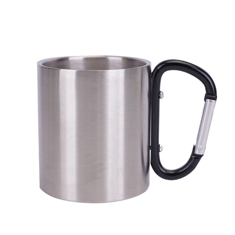 Custom metal mug with company logo and colorful stainless steel carabiner handle
