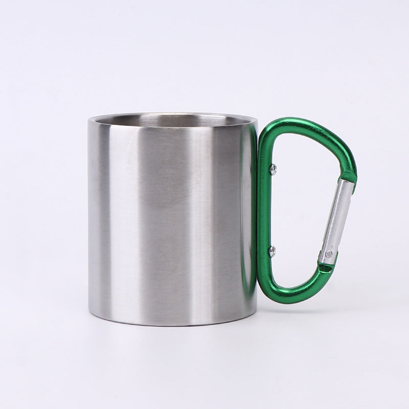 Custom metal mug with company logo and colorful stainless steel carabiner handle