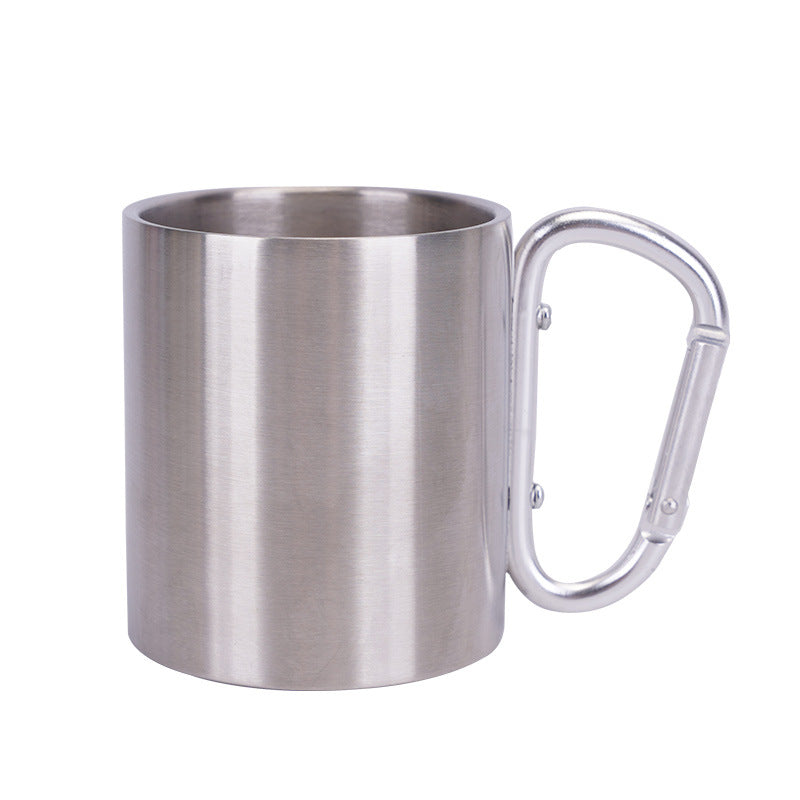 Custom metal mug with company logo and colorful stainless steel carabiner handle