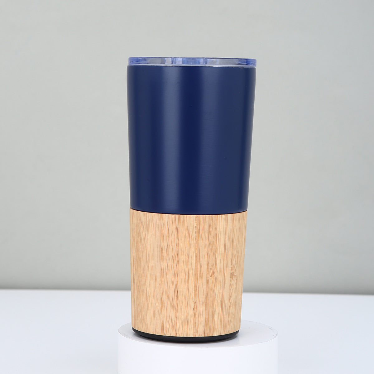 Stainless steel thermal travel mug, corporate gifts, bamboo details and transparent lid 