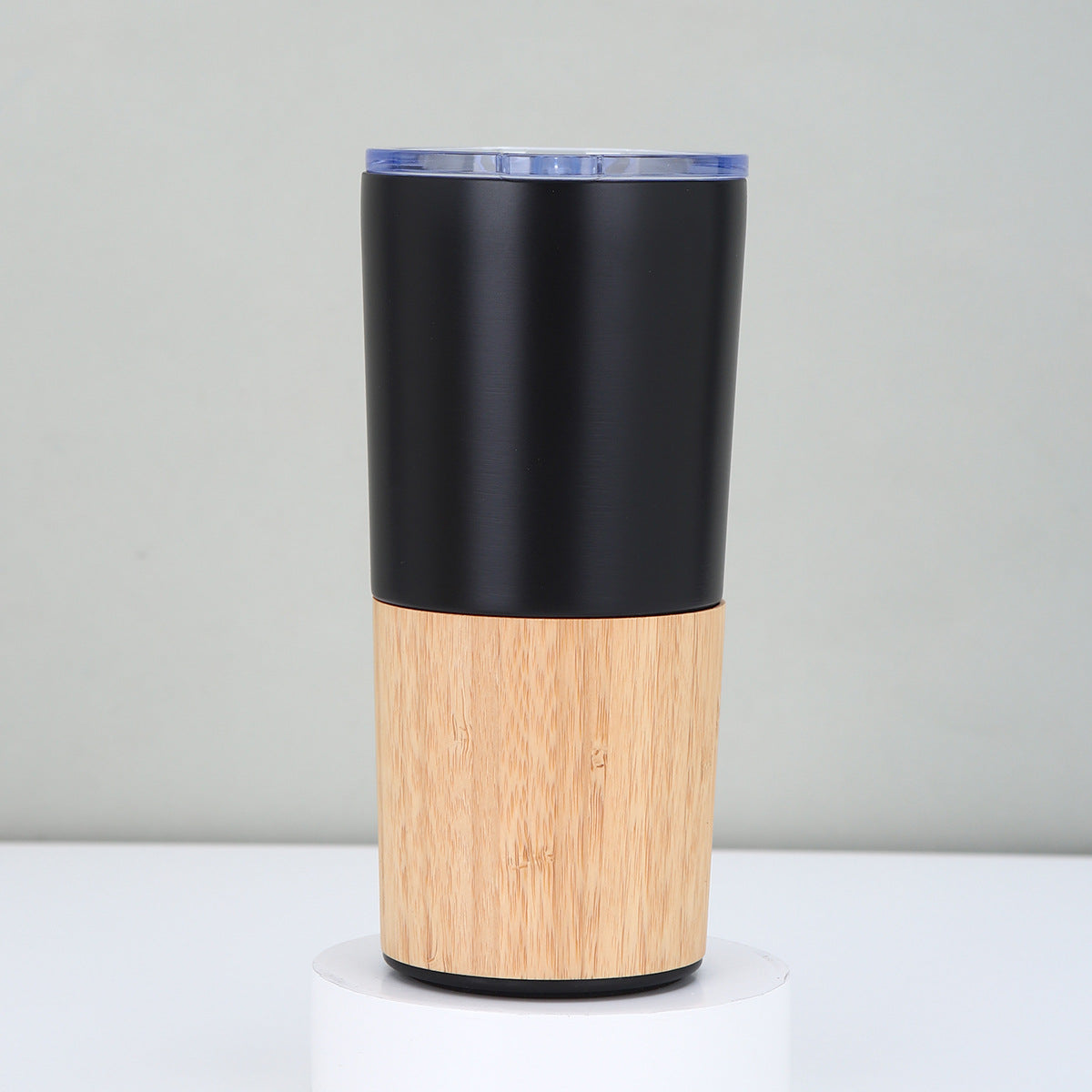 Stainless steel thermal travel mug, corporate gifts, bamboo details and transparent lid 