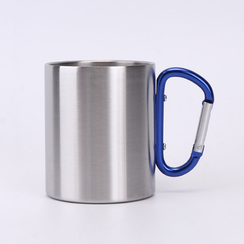 Custom metal mug with company logo and colorful stainless steel carabiner handle