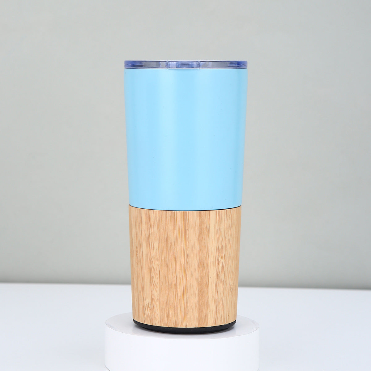 Stainless steel thermal travel mug, corporate gifts, bamboo details and transparent lid 