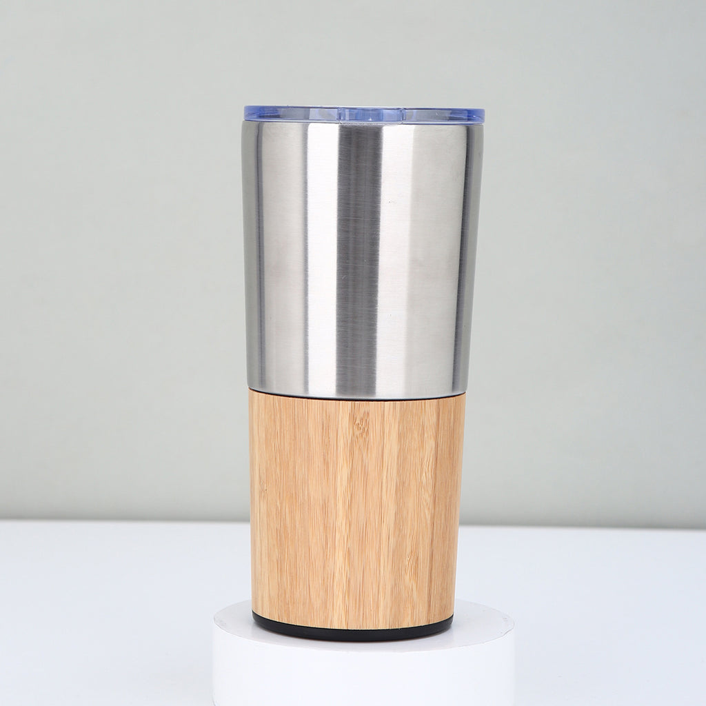 Stainless steel thermal travel mug, corporate gifts, bamboo details and transparent lid 