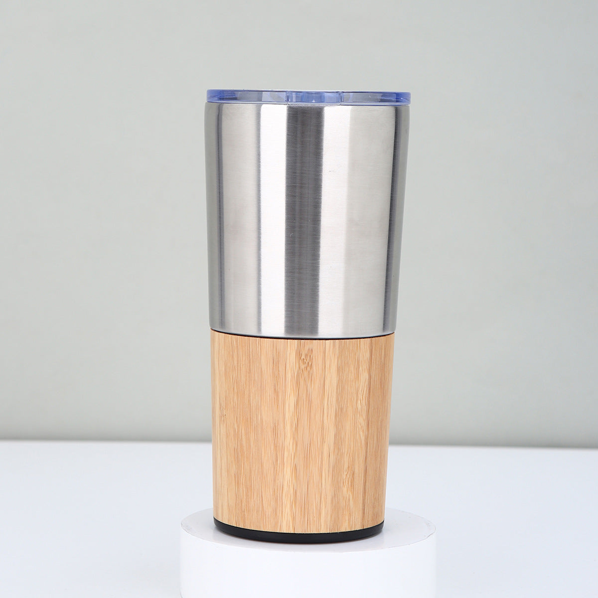 Stainless steel thermal travel mug, corporate gifts, bamboo details and transparent lid 