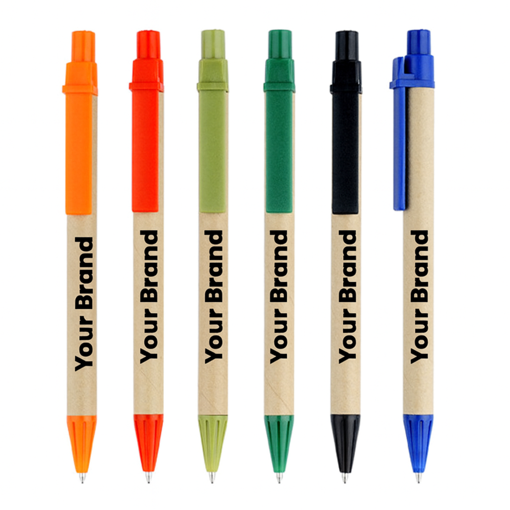 Recycled paper pen with a colored clip and tip, and a blue ink push button 