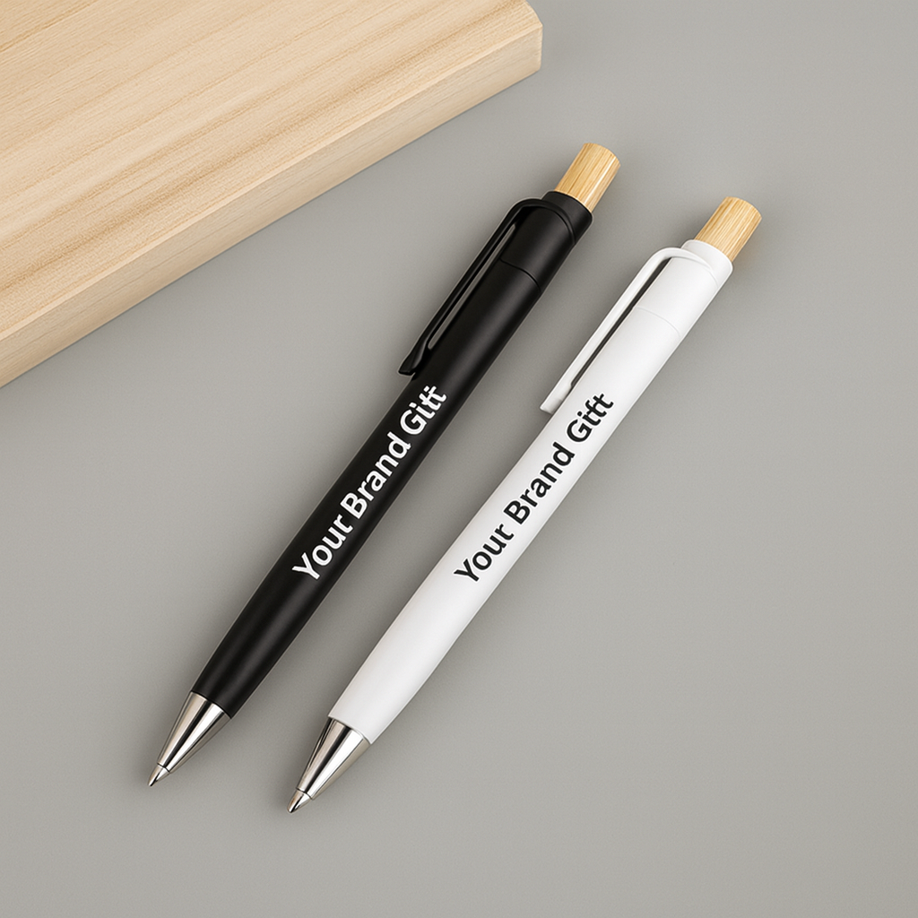 Recycled plastic pen made of ABS with a bamboo push button, blue or black ink
