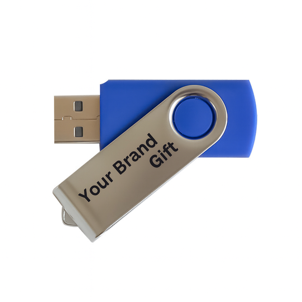 Inexpensive USB flash drive in matte plastic and rotating metal, customizable with your logo, for trade shows and corporate gifts.