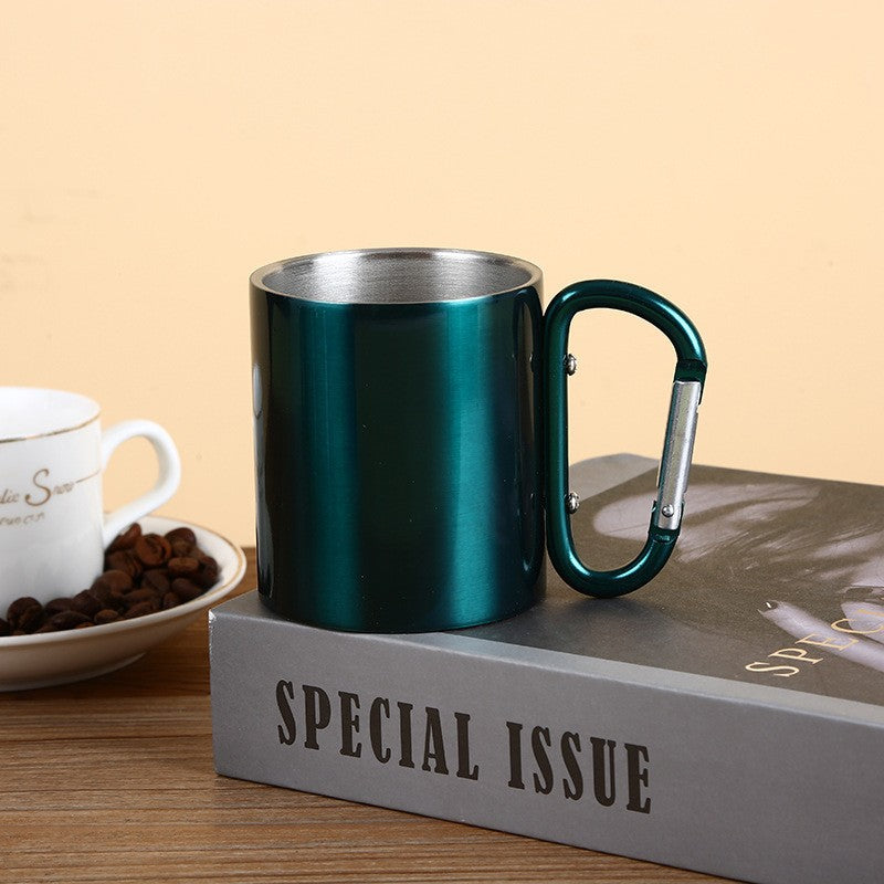 Colorful personalized metal mug with carabiner handle - ideal corporate gift for employees