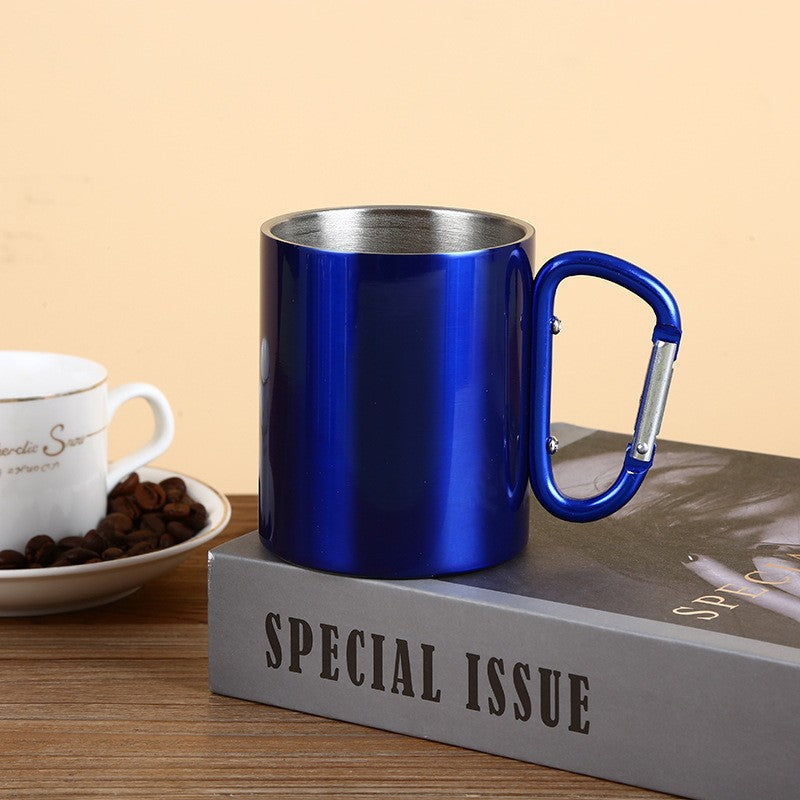Colorful personalized metal mug with carabiner handle - ideal corporate gift for employees